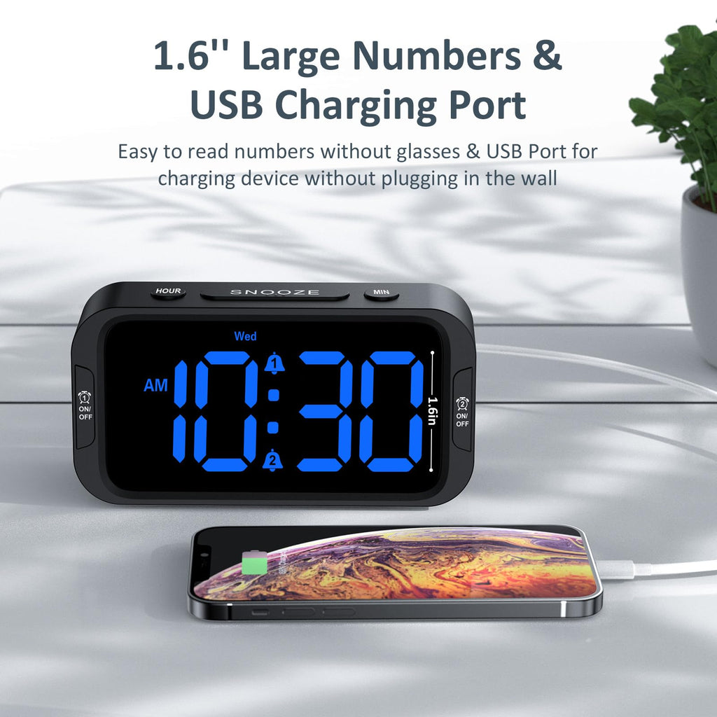 Odokee Digital Dual Alarm Clock for Bedroom, 0-100% Dimmer, Weekday/Weekend Mode, Easy to Set, USB Charger, Adjustable Alarm Volume with 5 Alarm Sounds, Snooze, 12/24Hr, Battery Backup (Wood Grain)