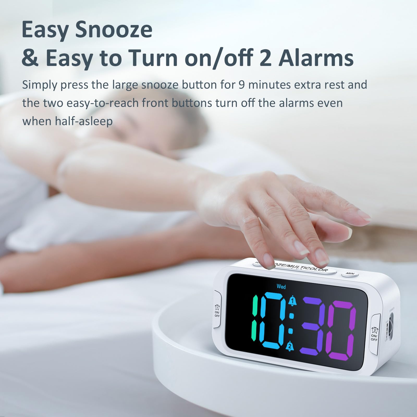Odokee Digital Dual Alarm Clock for Bedroom, 0-100% Dimmer, Weekday/Weekend Mode, Easy to Set, USB Charger, Adjustable Alarm Volume with 5 Alarm Sounds, Snooze, 12/24Hr, Battery Backup (Wood Grain)
