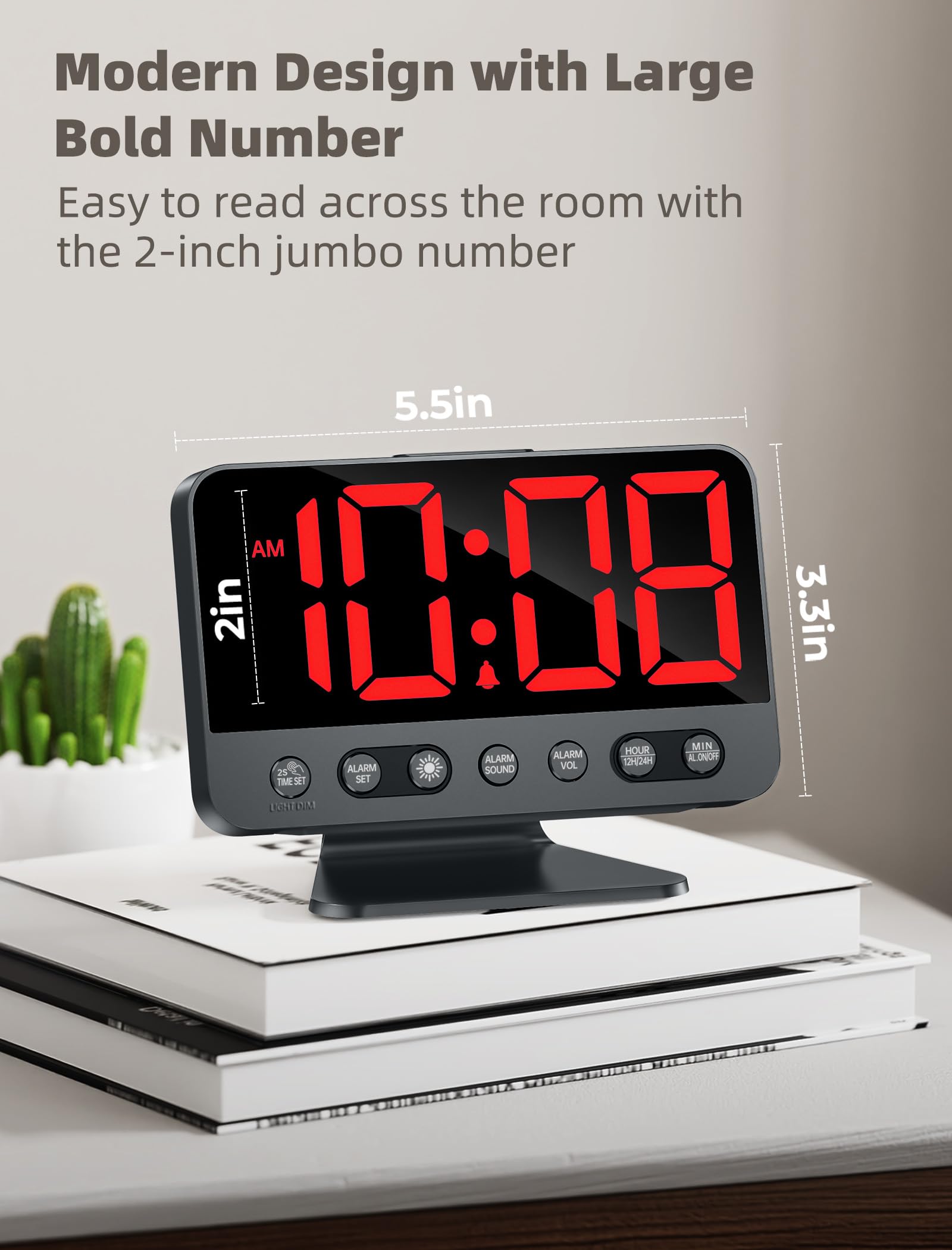 Odokee Digital Alarm Clocks for Bedrooms: Large Bold Number 5 Brightness Dimmer - Easy to Read Across The Room - 5 Alarm Sound 8 Night Light - Red