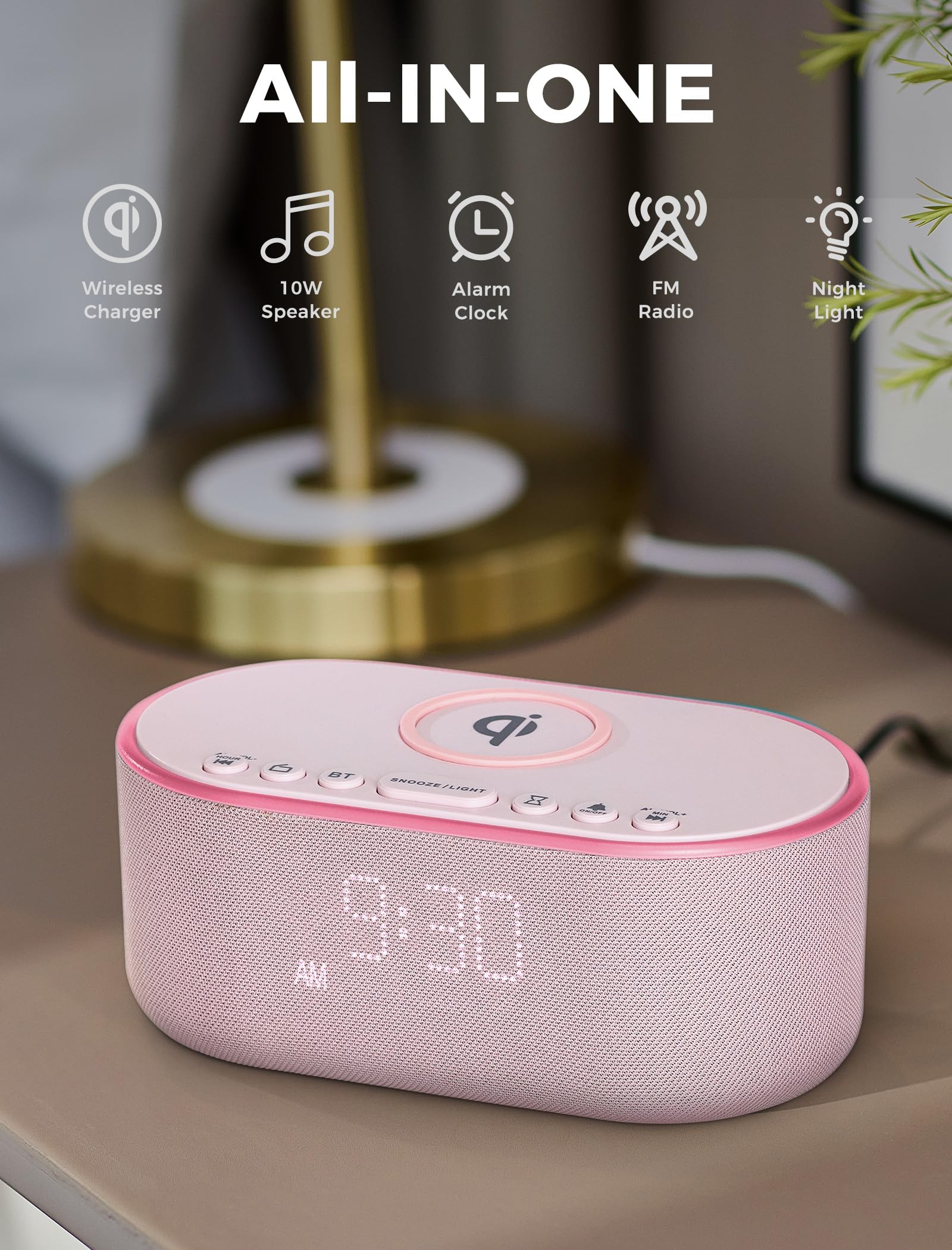 Odokee Wireless Charging Alarm Clock Radio: Qi Certified Fast Wireless Charger for iPhone Samsung - 10W Stereo Bluetooth Speaker - Dimmable Digital Clock with FM Radio for Bedroom Black