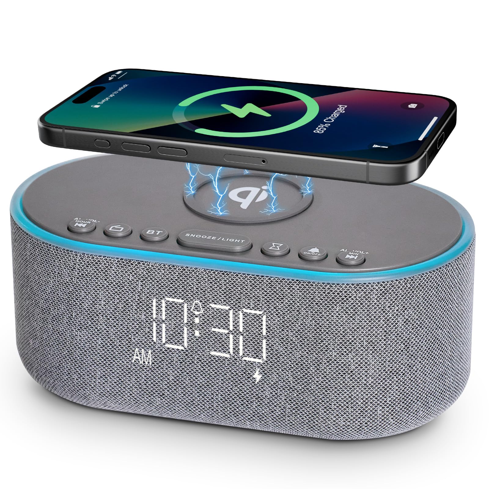 Odokee Wireless Charging Alarm Clock Radio: Qi Certified Fast Wireless Charger for iPhone Samsung - 10W Stereo Bluetooth Speaker - Dimmable Digital Clock with FM Radio for Bedroom Black