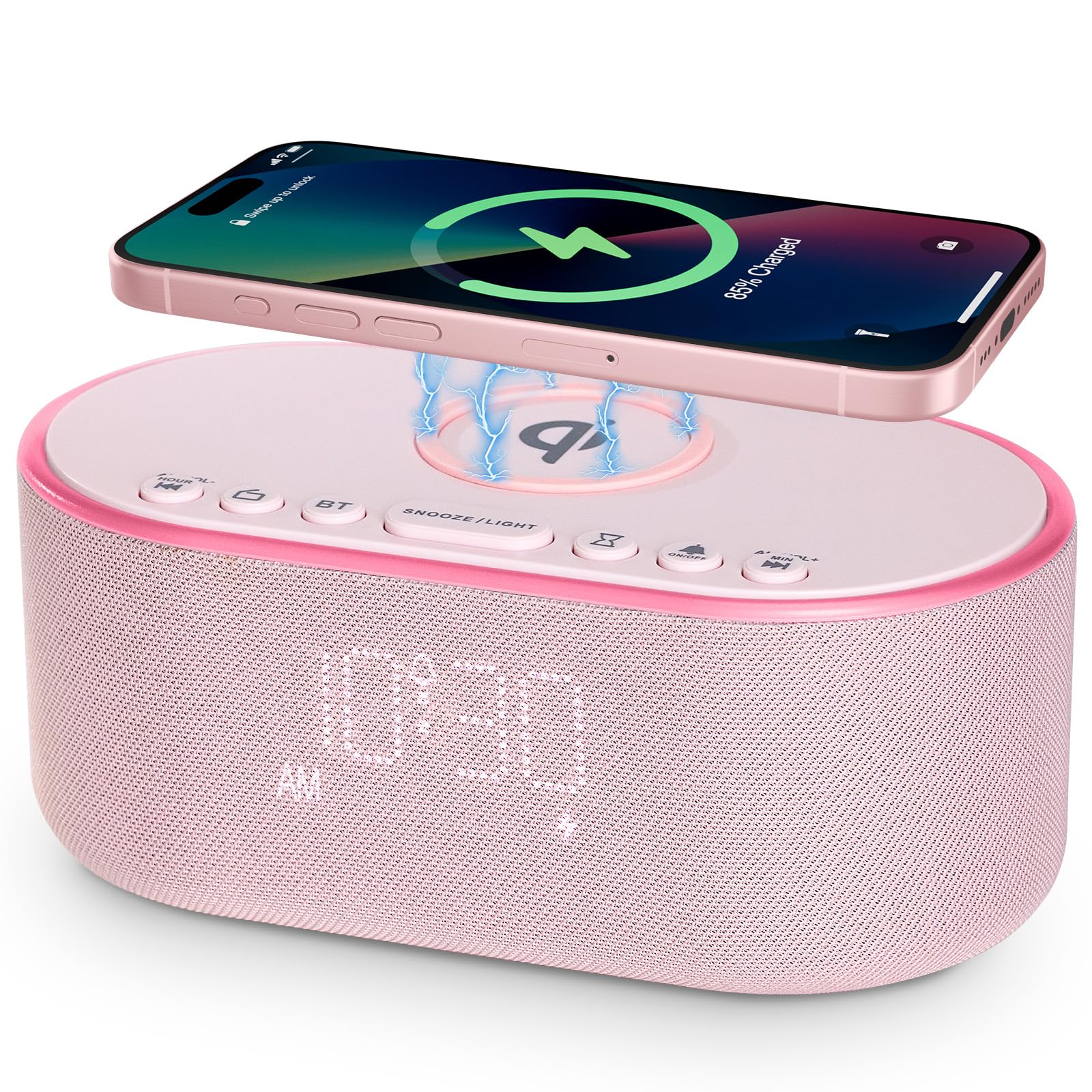 Odokee Wireless Charging Alarm Clock Radio: Qi Certified Fast Wireless Charger for iPhone Samsung - 10W Stereo Bluetooth Speaker - Dimmable Digital Clock with FM Radio for Bedroom Black