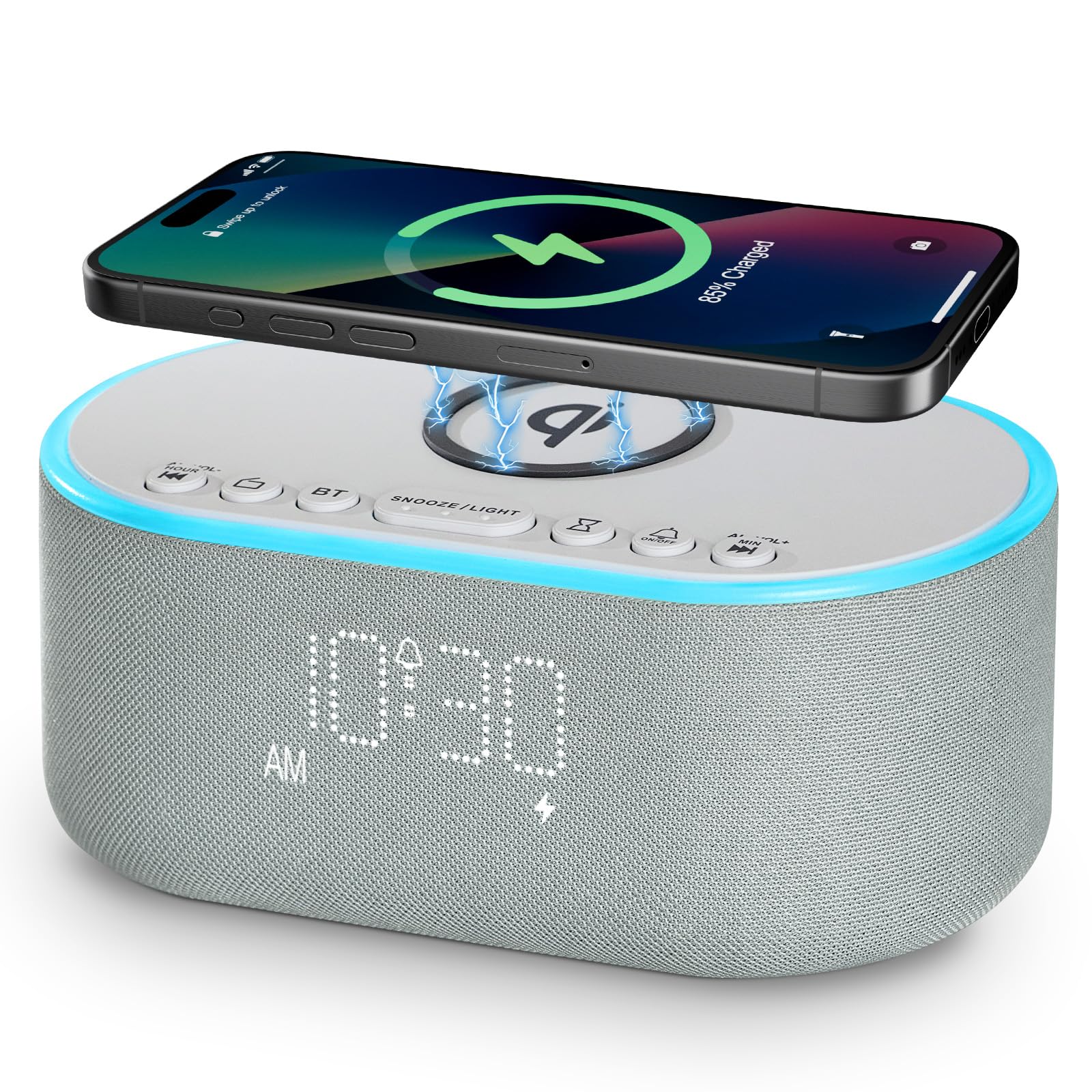 Odokee Wireless Charging Alarm Clock Radio: Qi Certified Fast Wireless Charger for iPhone Samsung - 10W Stereo Bluetooth Speaker - Dimmable Digital Clock with FM Radio for Bedroom Black