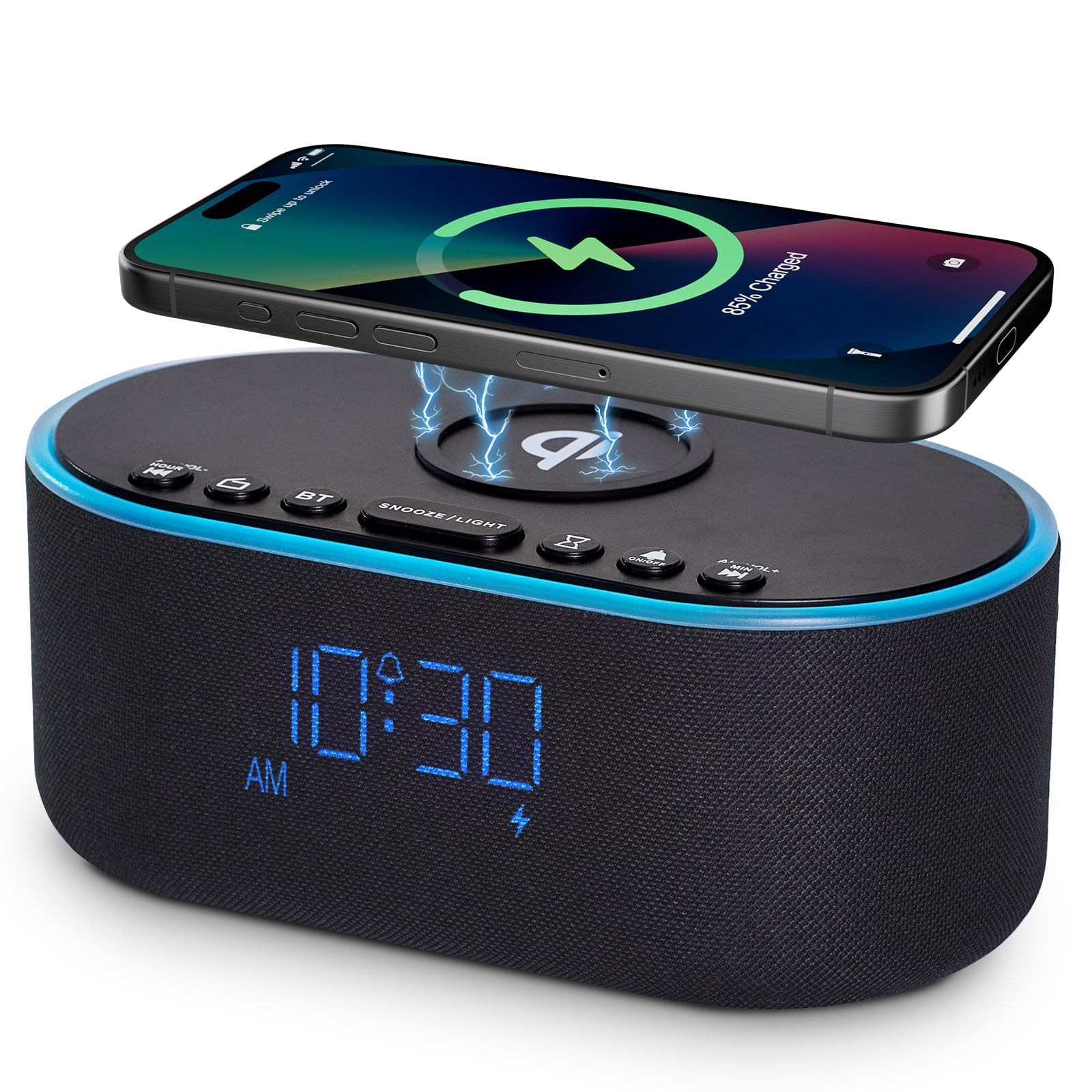 Odokee Wireless Charging Alarm Clock Radio: Qi Certified Fast Wireless Charger for iPhone Samsung - 10W Stereo Bluetooth Speaker - Dimmable Digital Clock with FM Radio for Bedroom Black