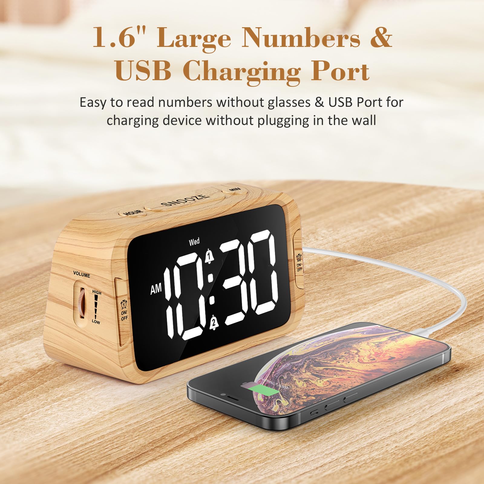 Odokee Digital Dual Alarm Clock for Bedroom, 0-100% Dimmer, Weekday/Weekend Mode, Easy to Set, USB Charger, Adjustable Alarm Volume with 5 Alarm Sounds, Snooze, 12/24Hr, Battery Backup (Wood Grain)