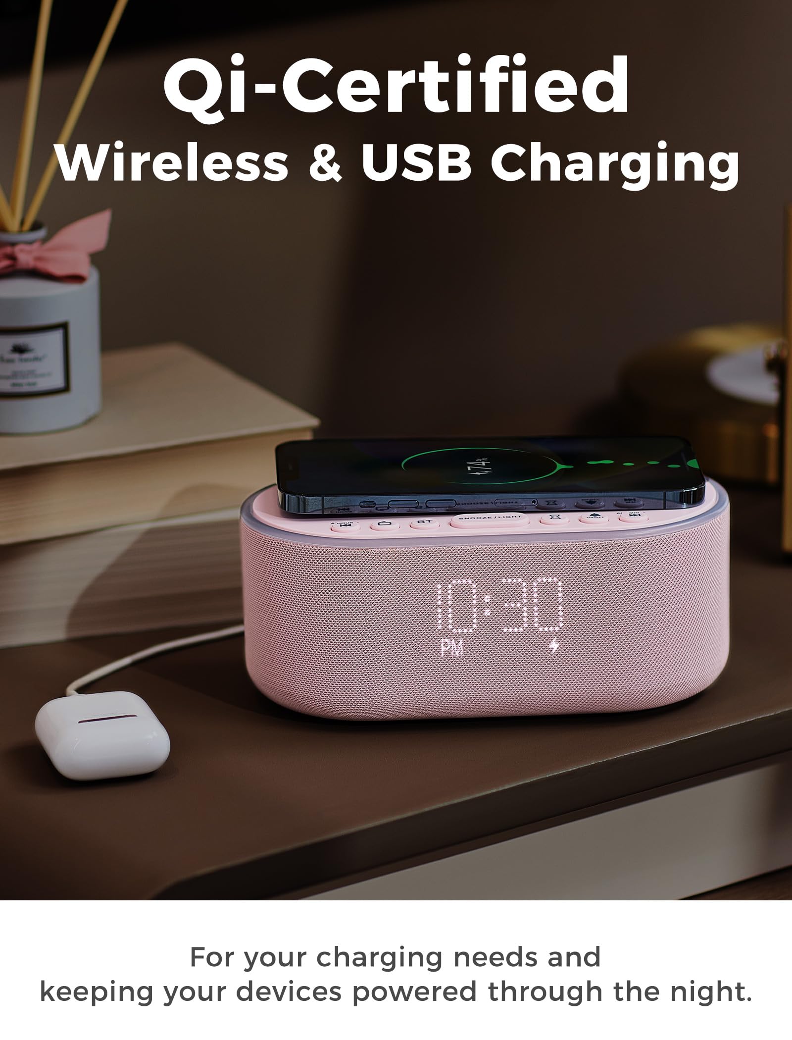 Odokee Wireless Charging Alarm Clock Radio: Qi Certified Fast Wireless Charger for iPhone Samsung - 10W Stereo Bluetooth Speaker - Dimmable Digital Clock with FM Radio for Bedroom Black