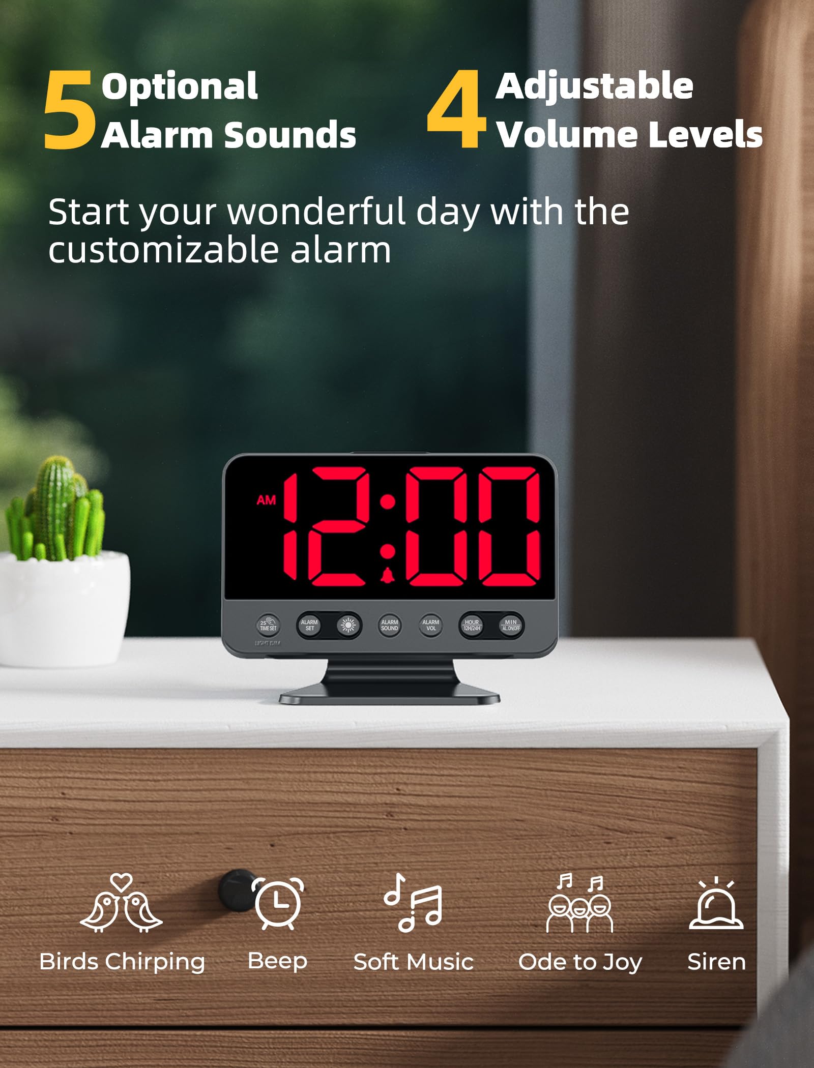 Odokee Digital Alarm Clocks for Bedrooms: Large Bold Number 5 Brightness Dimmer - Easy to Read Across The Room - 5 Alarm Sound 8 Night Light - Red