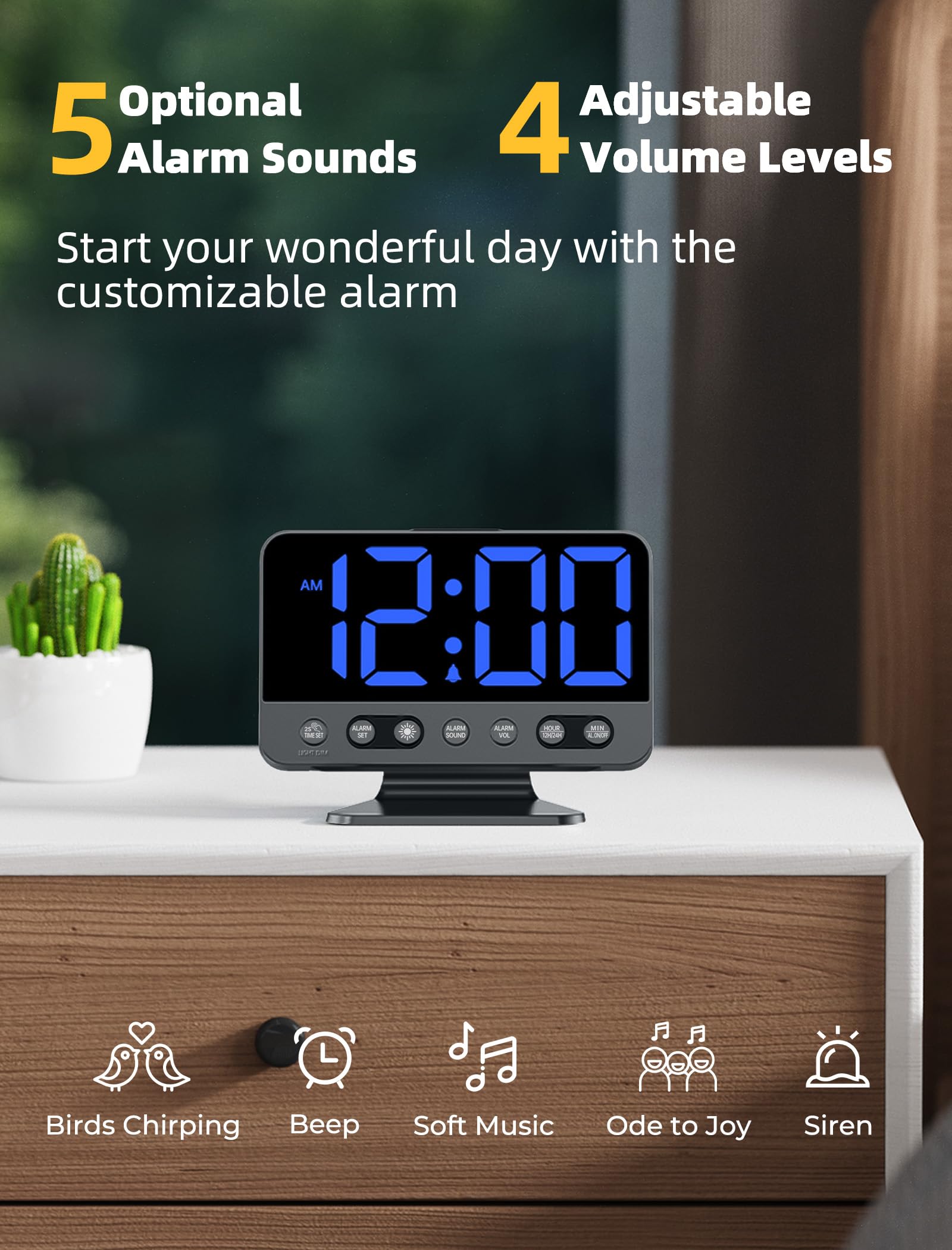 Odokee Digital Alarm Clocks for Bedrooms: Large Bold Number 5 Brightness Dimmer - Easy to Read Across The Room - 5 Alarm Sound 8 Night Light - Red